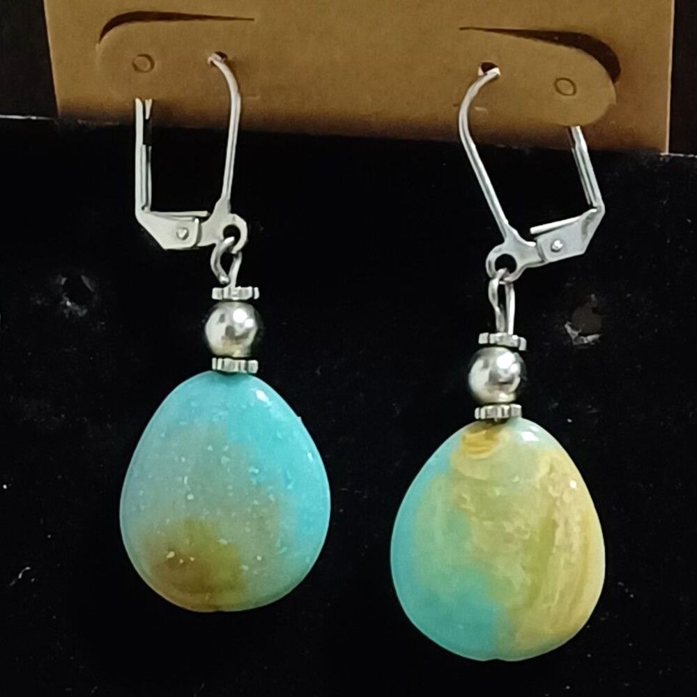 Silver-Toned Dangle Earrings w/ Teardrop-Shaped Blue Stone